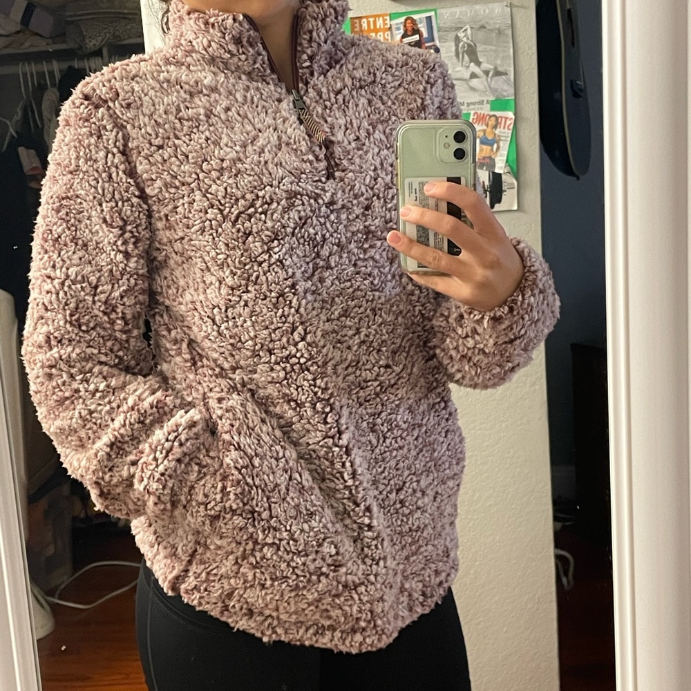 Weatherproof purple fluffy zip up sweater